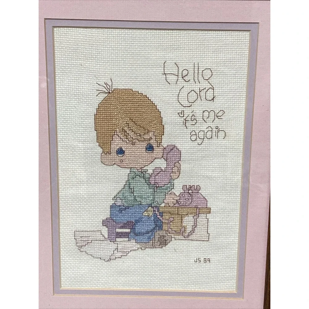 VTG Framed Needlepoint Cross Stitch Precious Moments Christian Signed Dated Set
